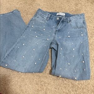 Zara Light Blue Pearl Studded Straight Leg Jeans